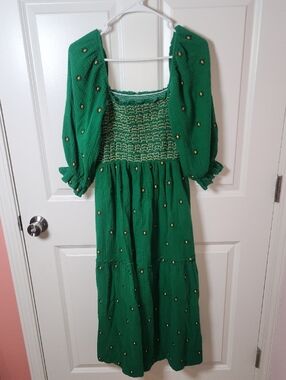 Green Smocked Maxi Dress with Puff Sleeves